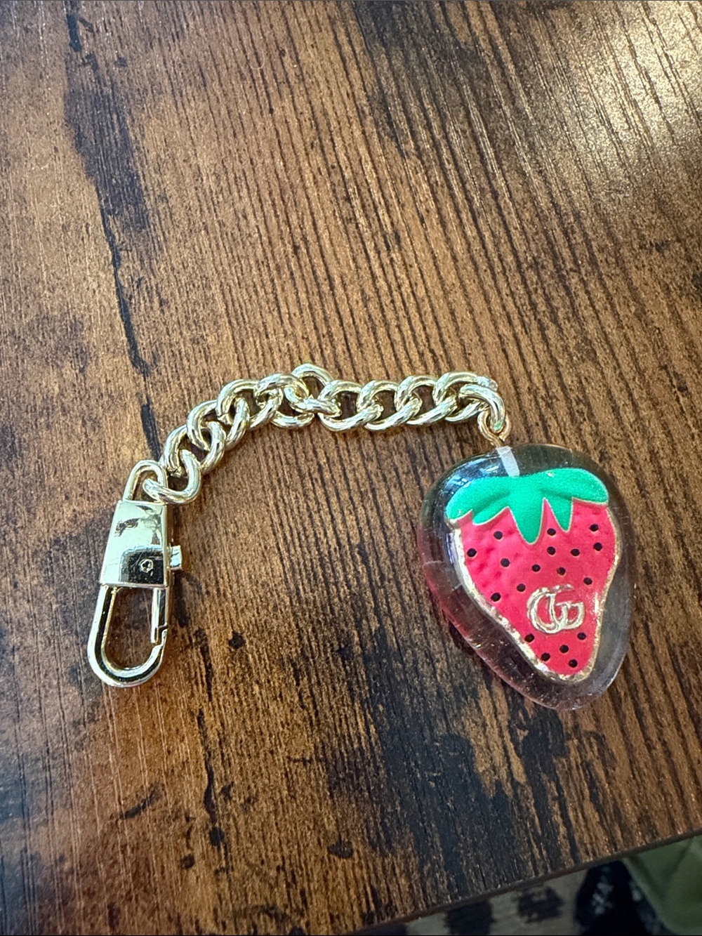 Gucci Gold-Tone Chain Strawberry Key Charm with Red & Green Enamel